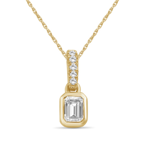 0.20 Carat T.W. Emerald and Round-cut Lab Grown Diamond (F/VS+) 14K Gold Fashion Pendant with Cable Chain